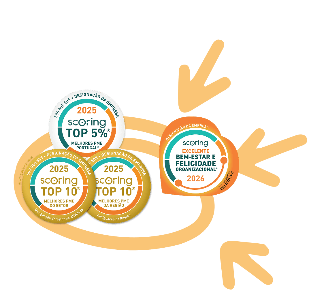 Selos SCORING TOP 5%, TOP 10 (Setor e Região) e Excelente Bem-Estar e Felicidade Organizacional