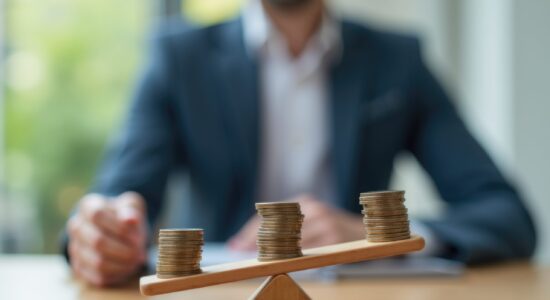 Balancing Coins on a Seesaw Symbolizes Financial Stability and Economic Decision-Making in Business